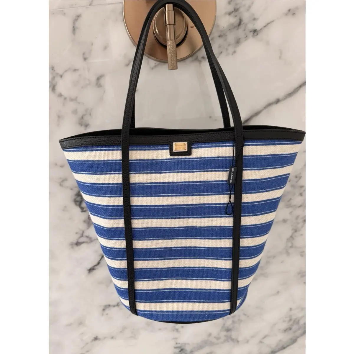 Dolce Gabbana Blue White Stripe Canvas Tote Bag Black Leather