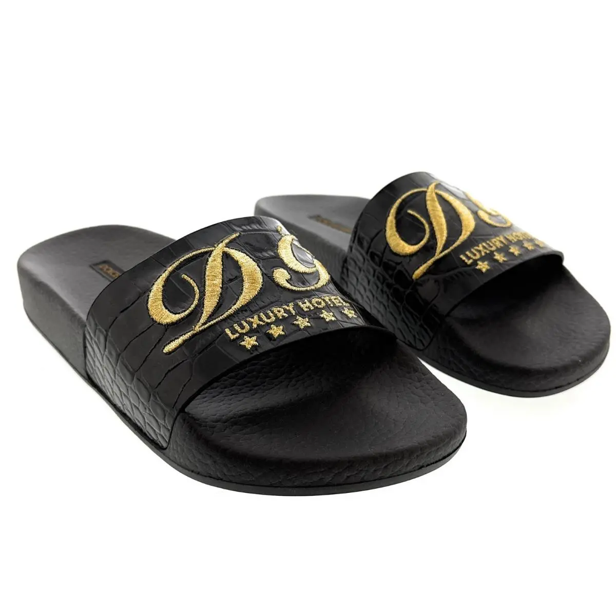 Dolce Gabbana Black Croco Embossed Strap Pool Slide-35 by Dolce & Gabbana