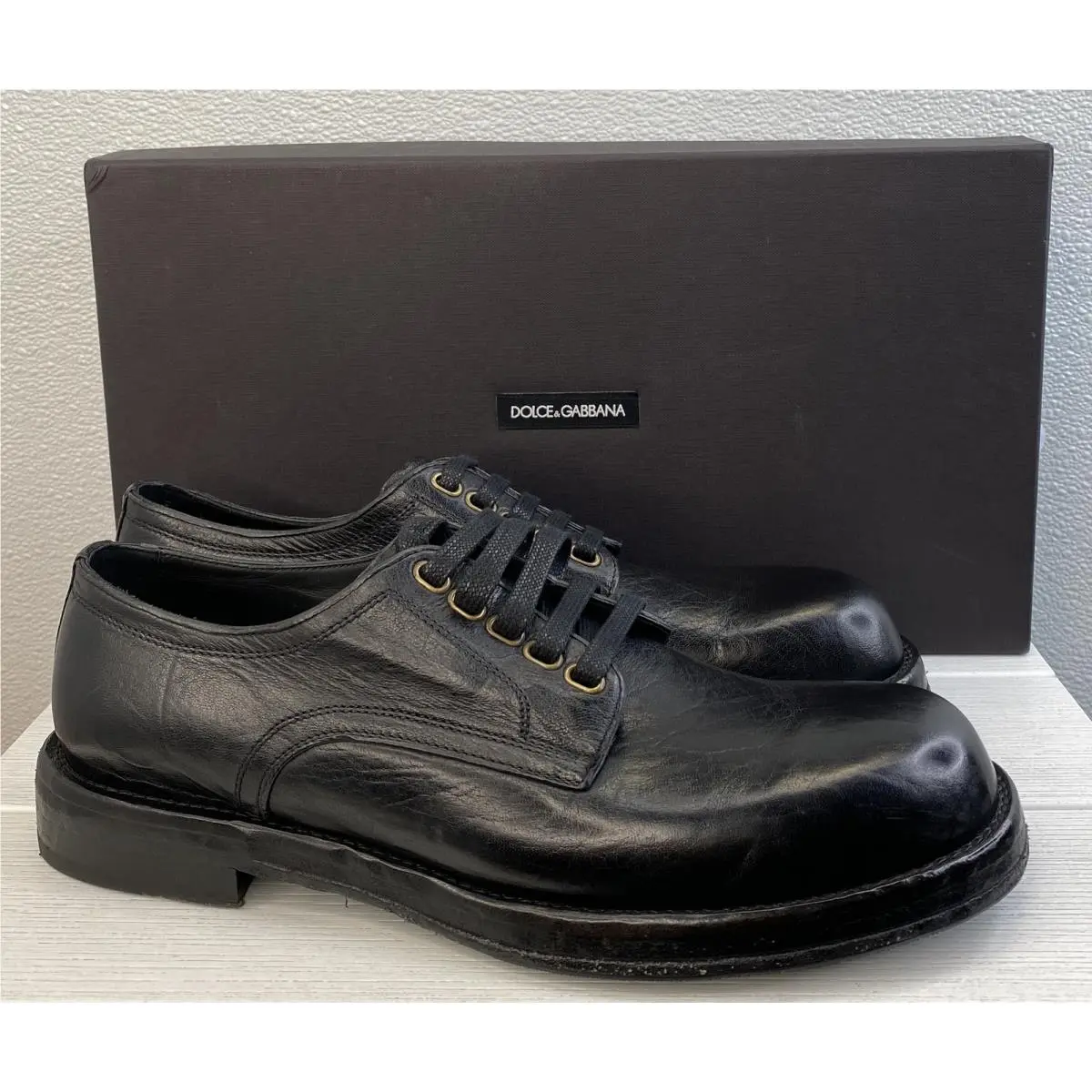 Dolce Gabbana Horsehide Derby Men`s US9 UK8 Black Leather Lace Up Dress Shoes