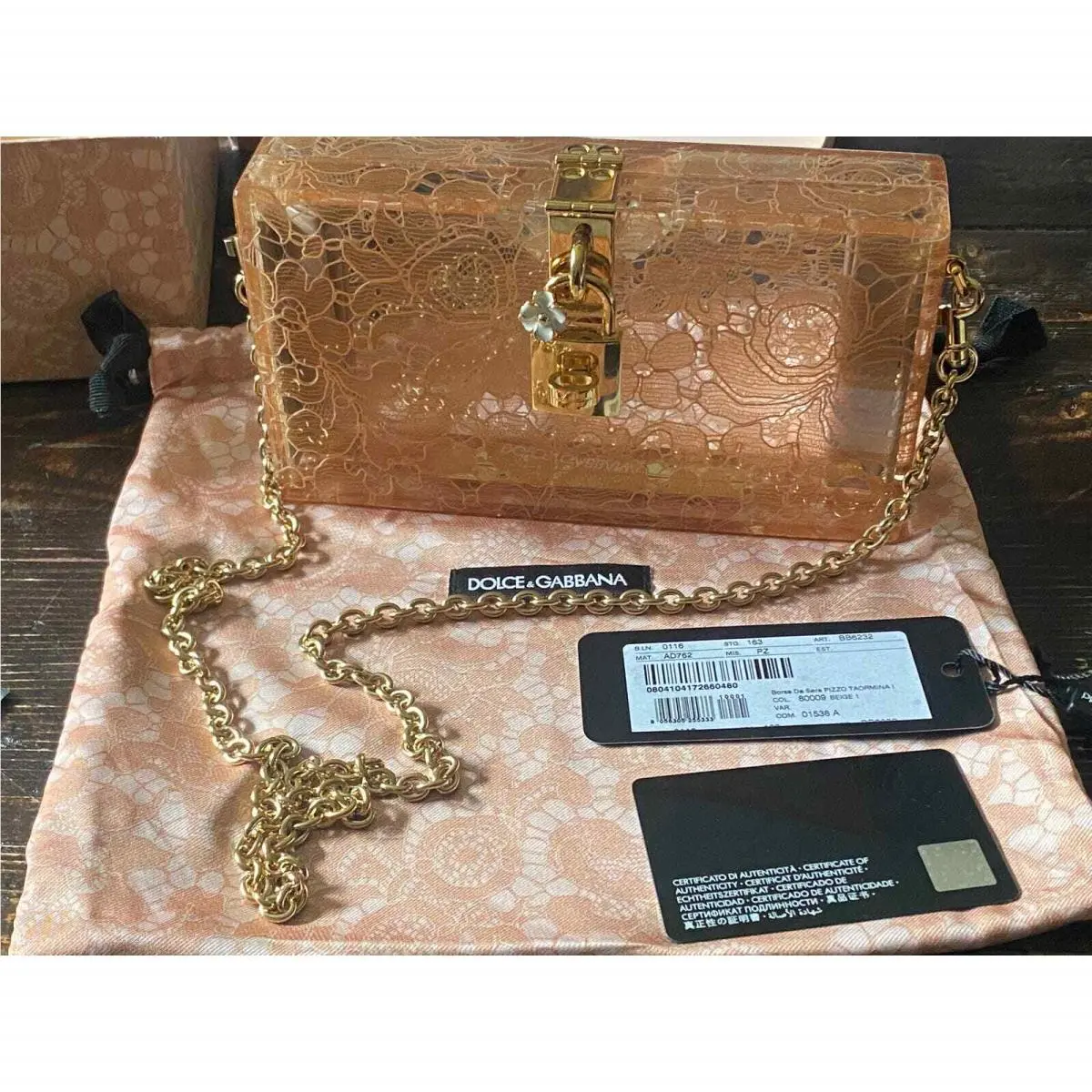 Dolce Gabbana Pink Plexiglass Dolce Box Clutch Bag W/taormina Lace Beige by Dolce & Gabbana