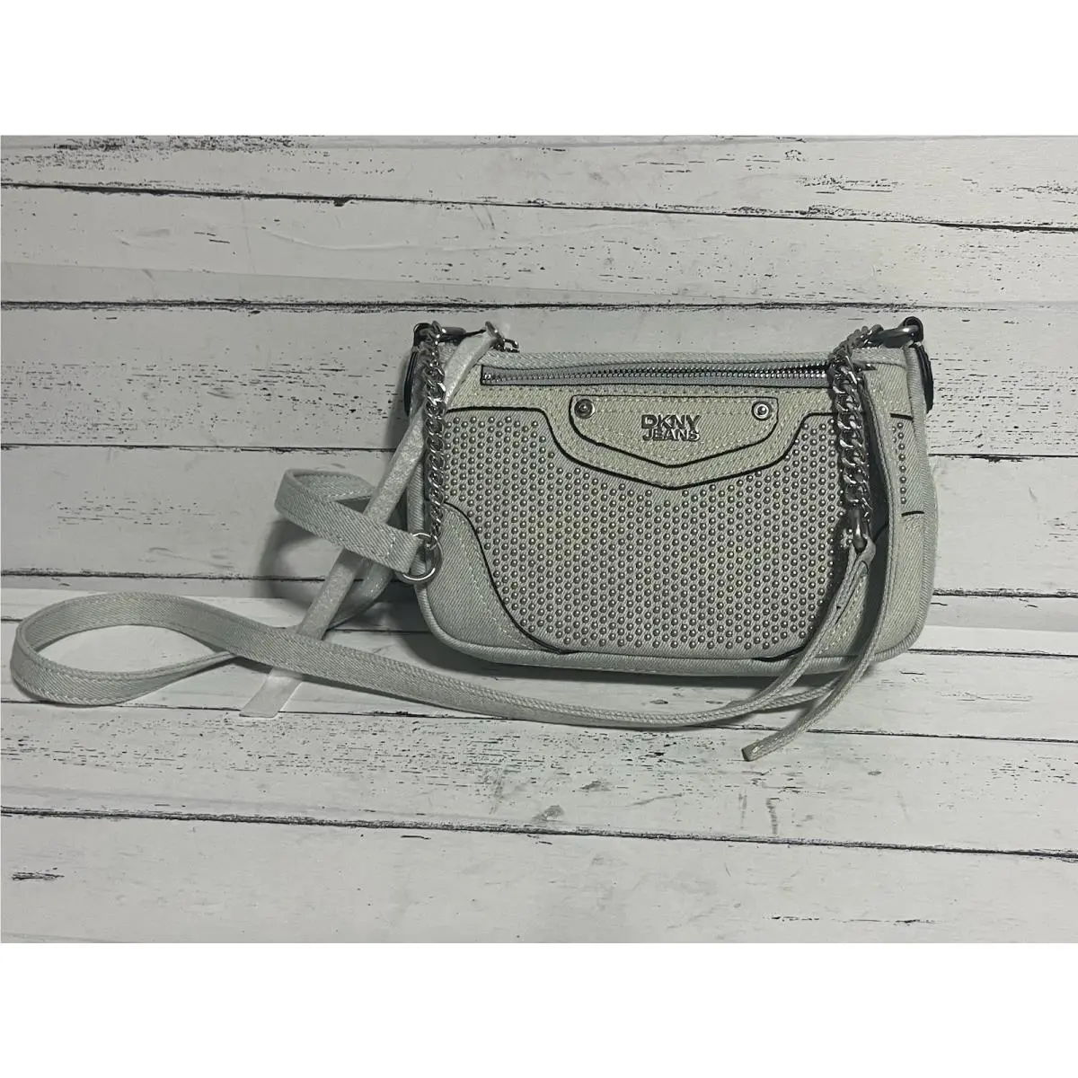 Dkny Rylee Crossbody Bag – Studded Denim – Light Blue –