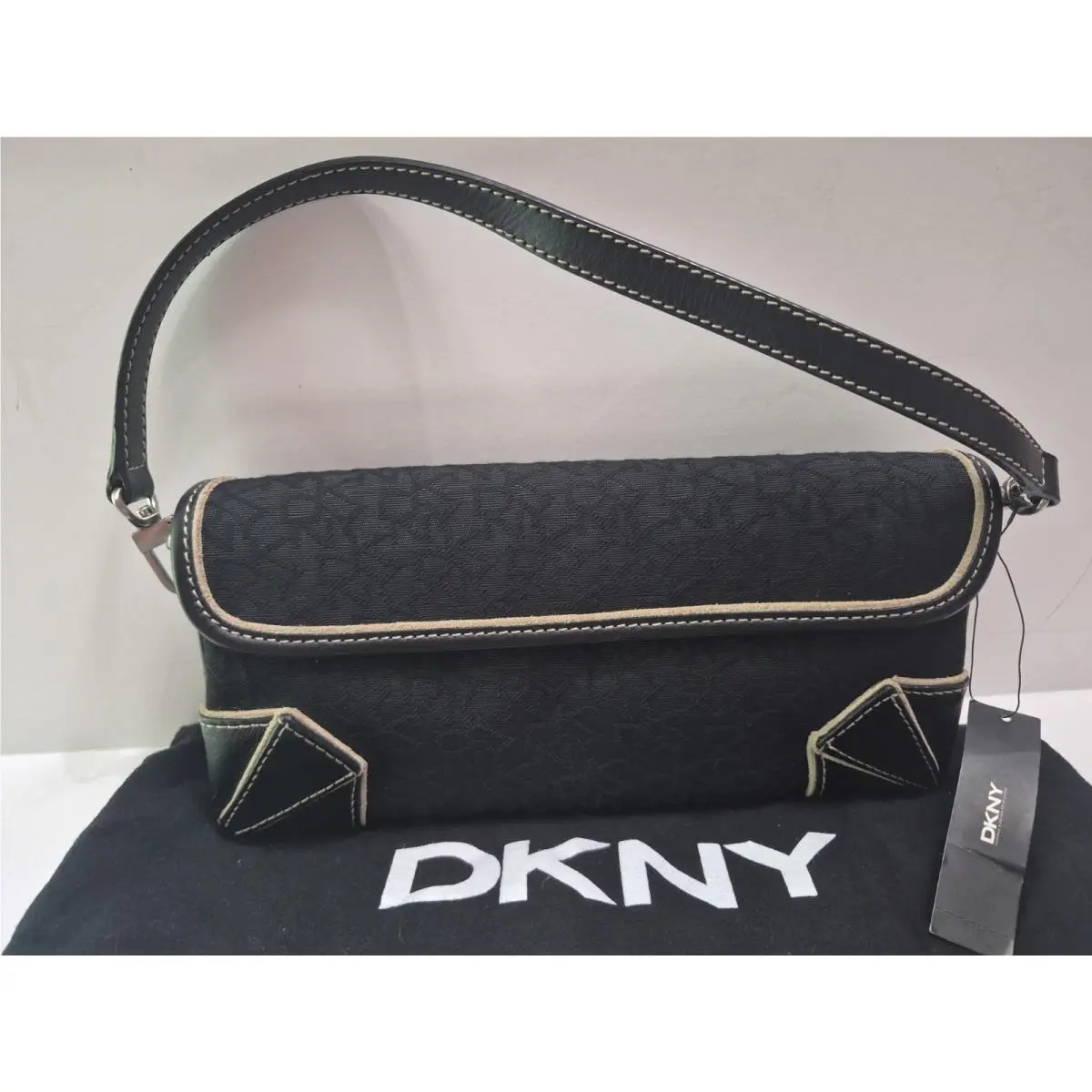 Vintage Dkny Black Monogram Baguette Shoulder Bag Canvas Leather Y2K Flap