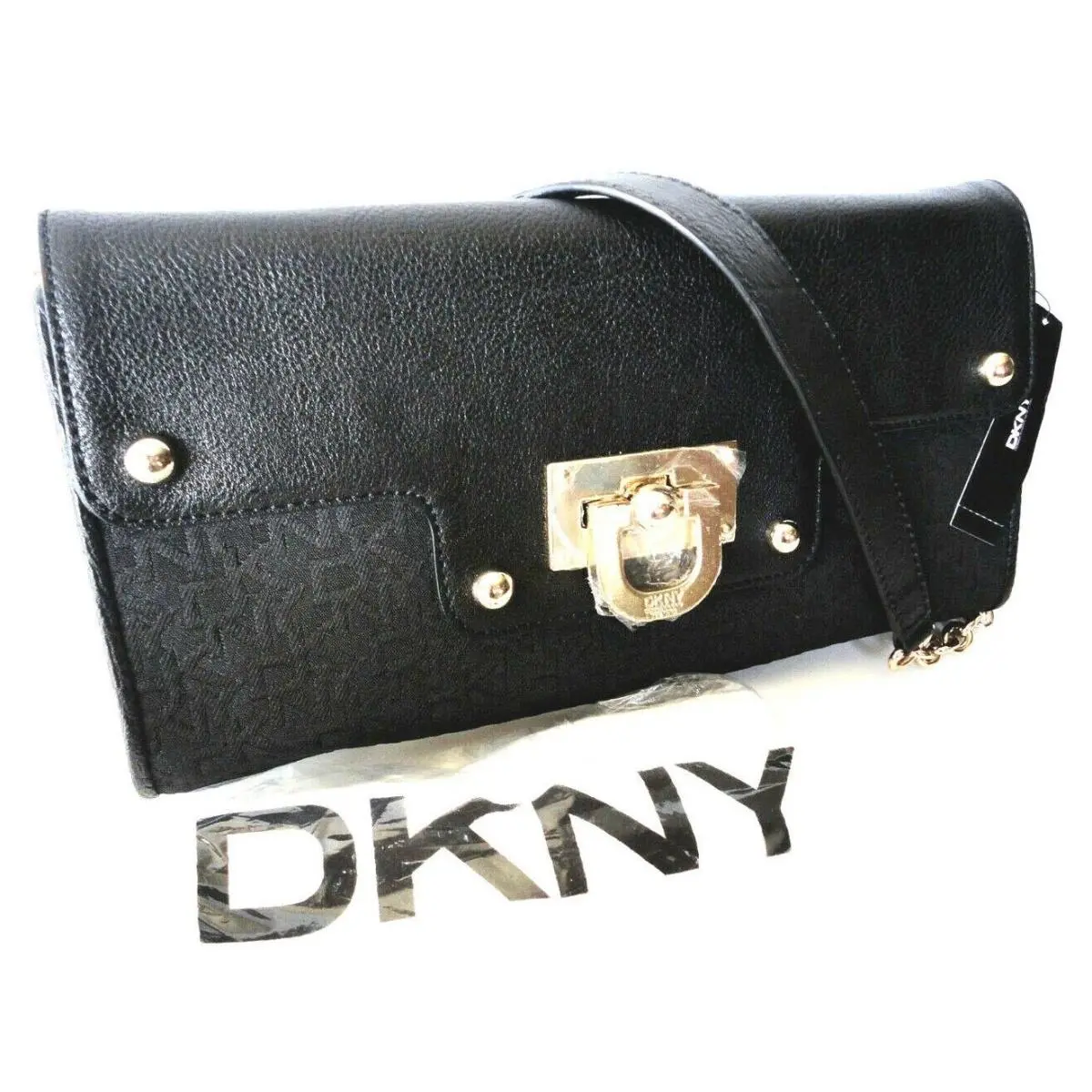 Dkny Leather Handbag Black Clutch Shoulder Bag Womens Purse Jacquard Gold Cha by DKNY