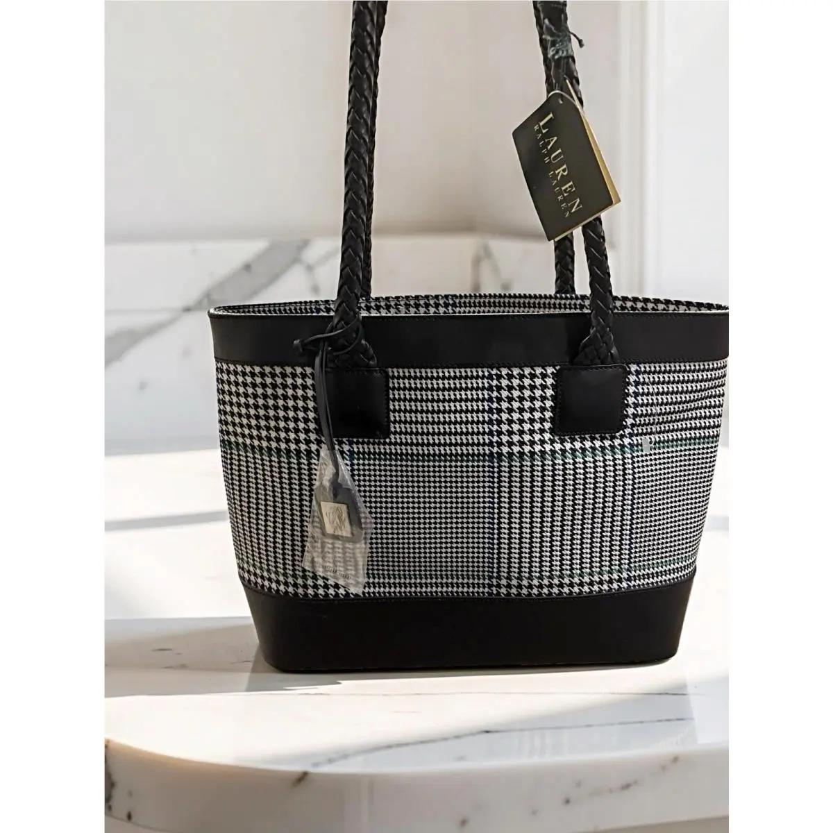 Vintage Lauren Ralph Lauren Plaid Tote Bag Leather Trim Braided Handles Nwt’s