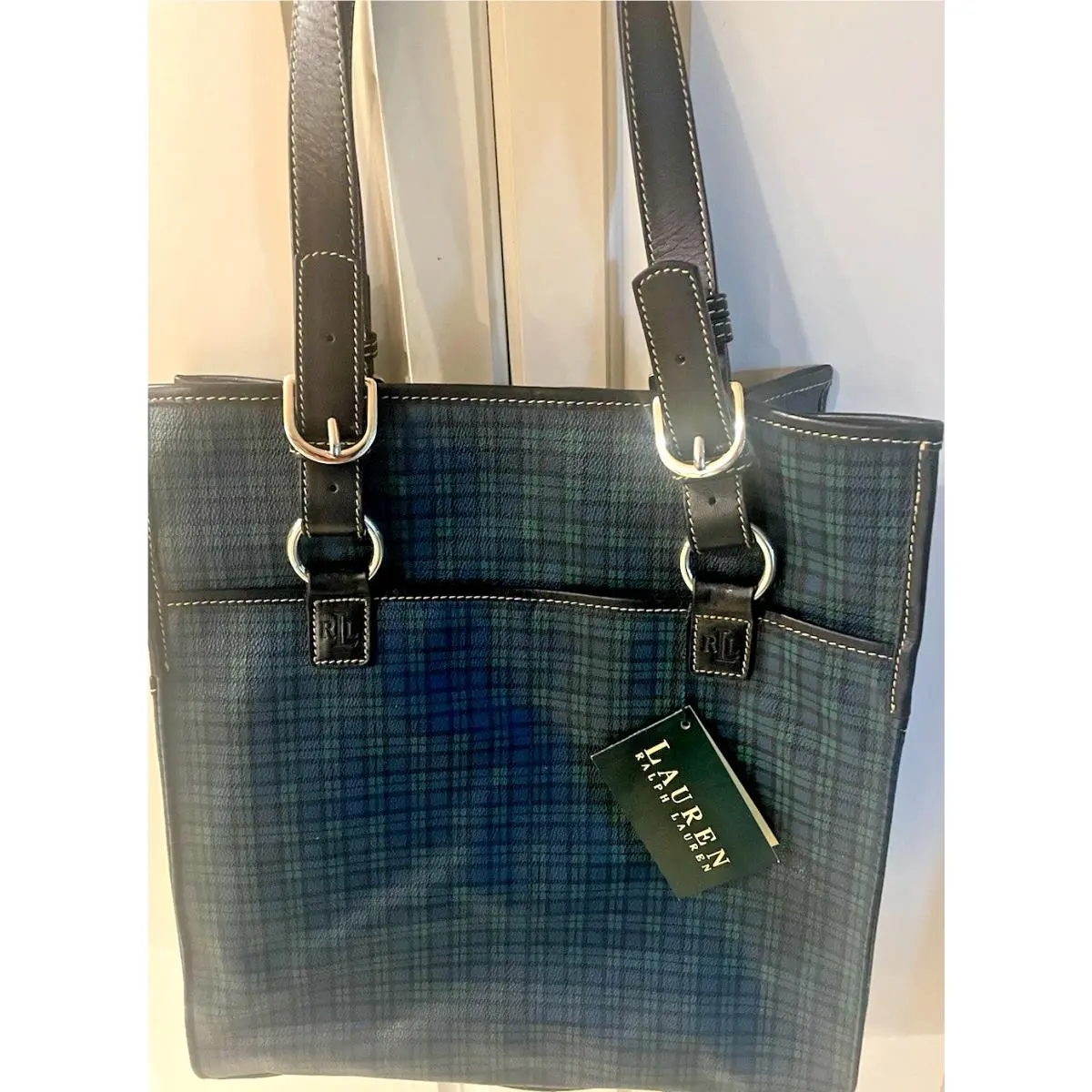 Lauren Ralph Lauren Blackwatch Tartan Plaid Tote Bag Green Blue Purse