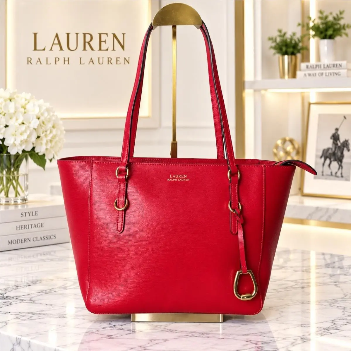 Lauren Ralph Lauren Bennington Shopper Medium Red Leather Tote Bag