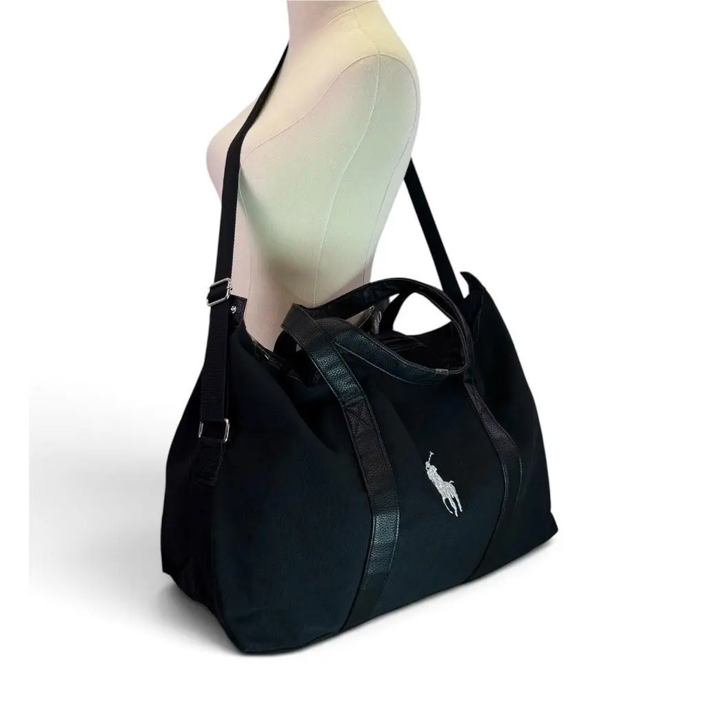 Ralph Lauren Black Canvas Duffle Travel Gym Large Shoulder Hand Strap Bag