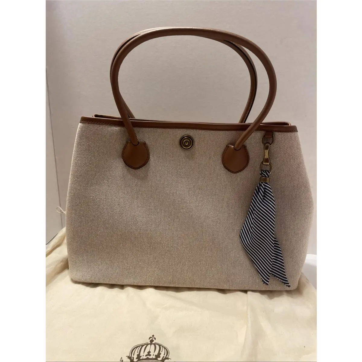 Lauren Ralph Lauren Millbrook Market Cream Tote Bag - Brown Leather Accents