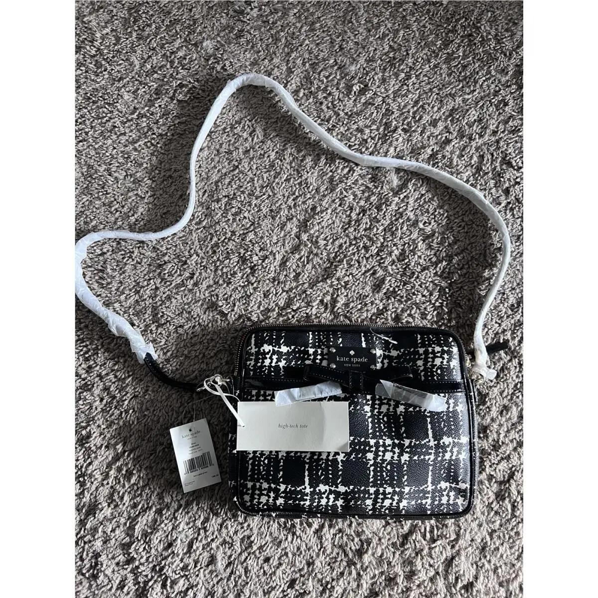 Kate Spade Tech Tote Crossbody Plaid Leather with Patent Bow Accent