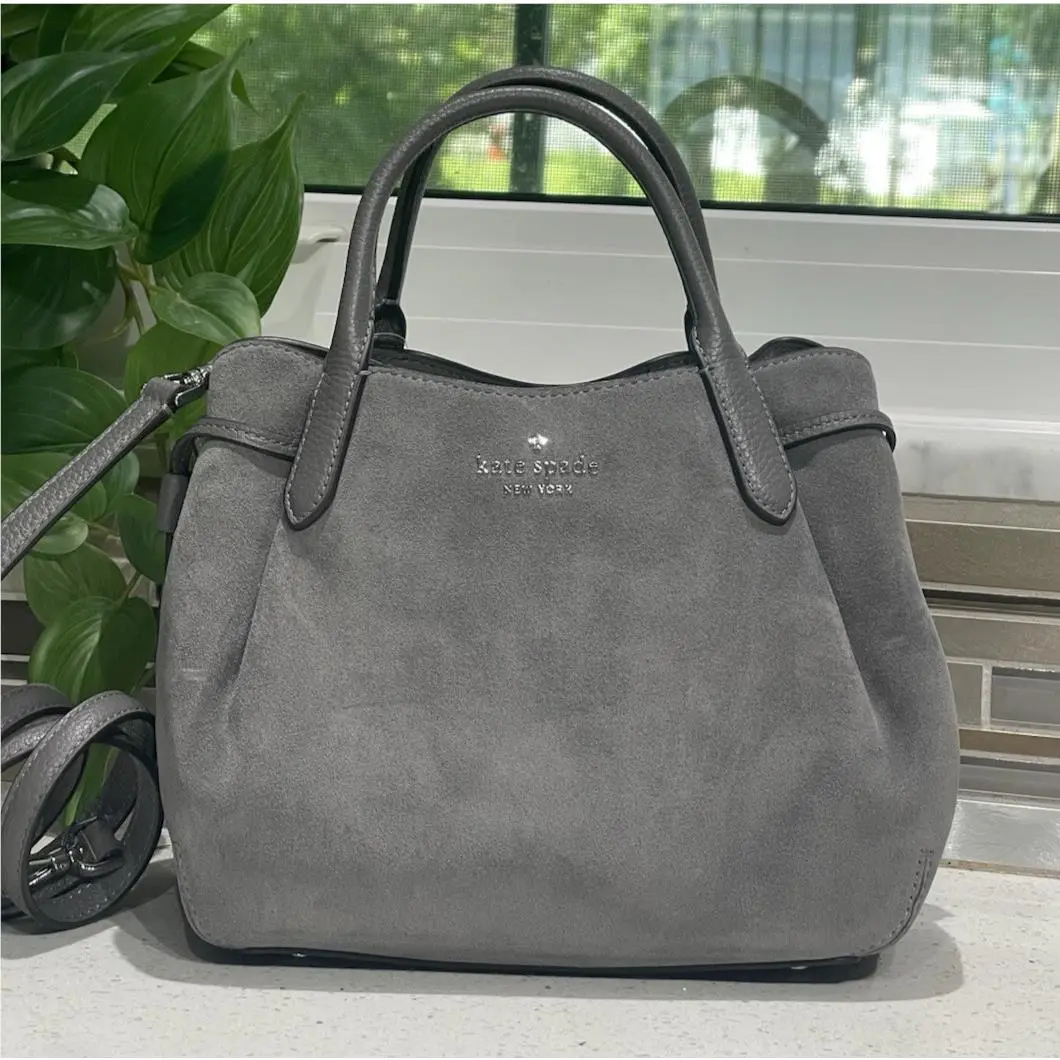 Kate Spade Dumpling Small Satchel Shoulder Bag Hobo Crossbody Grey Suede Silver