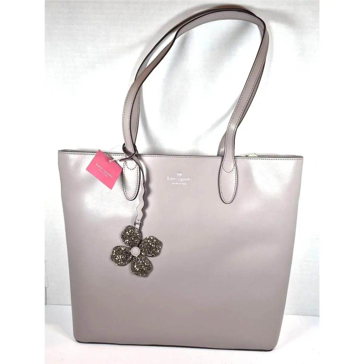 Kate Spade Kerri Medium Zip Tote Taupe Smooth Leather Glitter Charm New