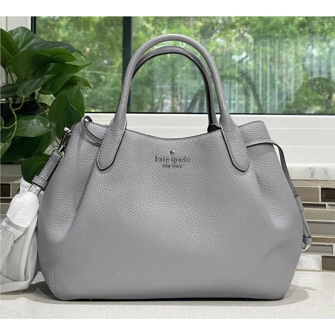 Kate Spade Dumpling Large Satchel Shoulder Hobo Bag Tote Mountain Gray Leather