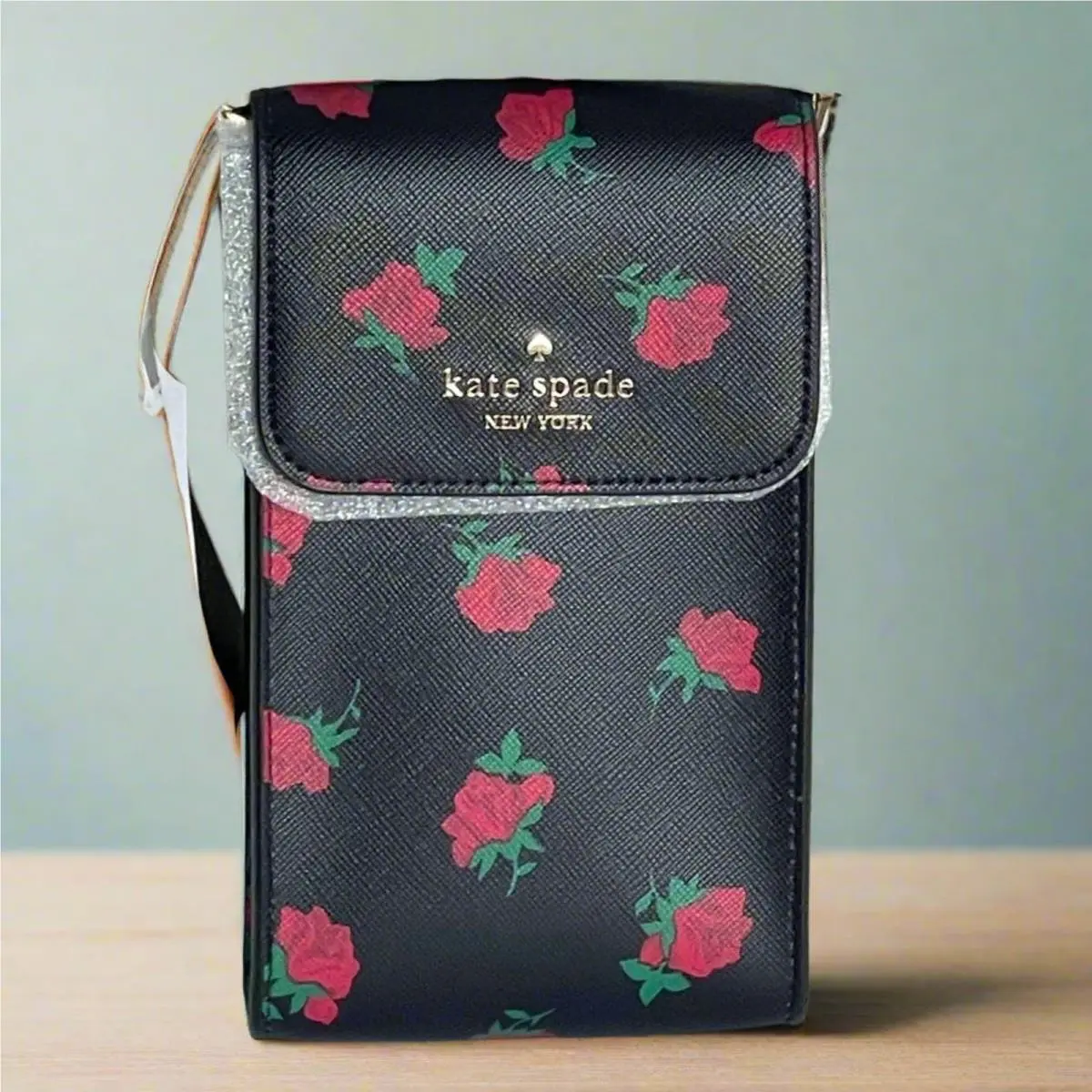 Kate Spade Madison Phone Crossbody Bag Black Rose Toss Floral Leather