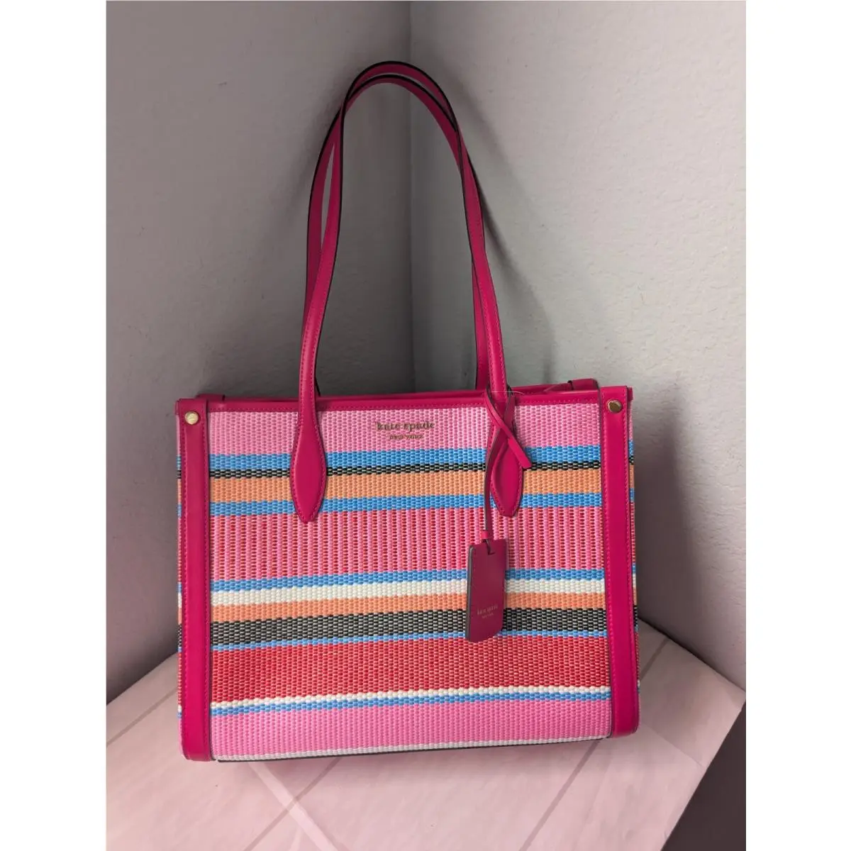 Kate Spade KH362 Market Striped Woven Straw Medium Tote In Wild Raspberry