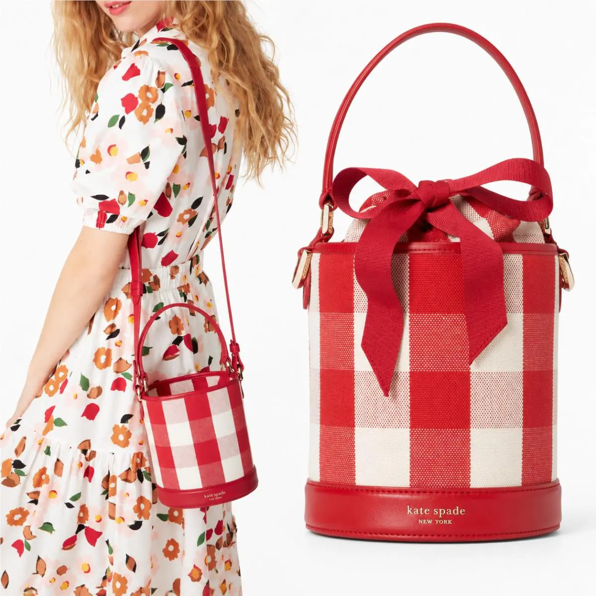 Kate Spade New York Picnic Gingham Bucket Bag Red White PXRU0475