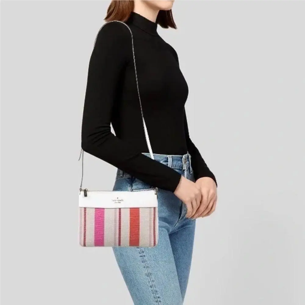 Kate Spade Striped Canvas Crossbody Bag White Leather Trim Summer Collection