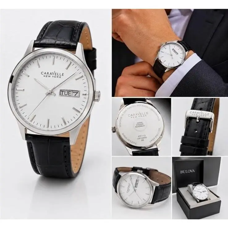 Caravelle New York by Bulova 40mm Men`s Day/date Watch Black Leather Band 43C113