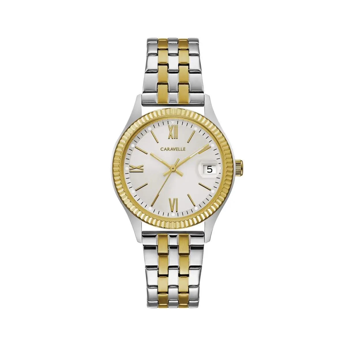 by Bulova 45M112 Women`s Two-tone Coin-edge Silver Dial 32mm by Caravelle