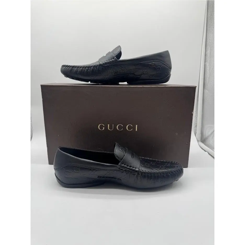 Gucci Mens Black Leather GG Guccissima Driving Moccasin Loafers Size 6