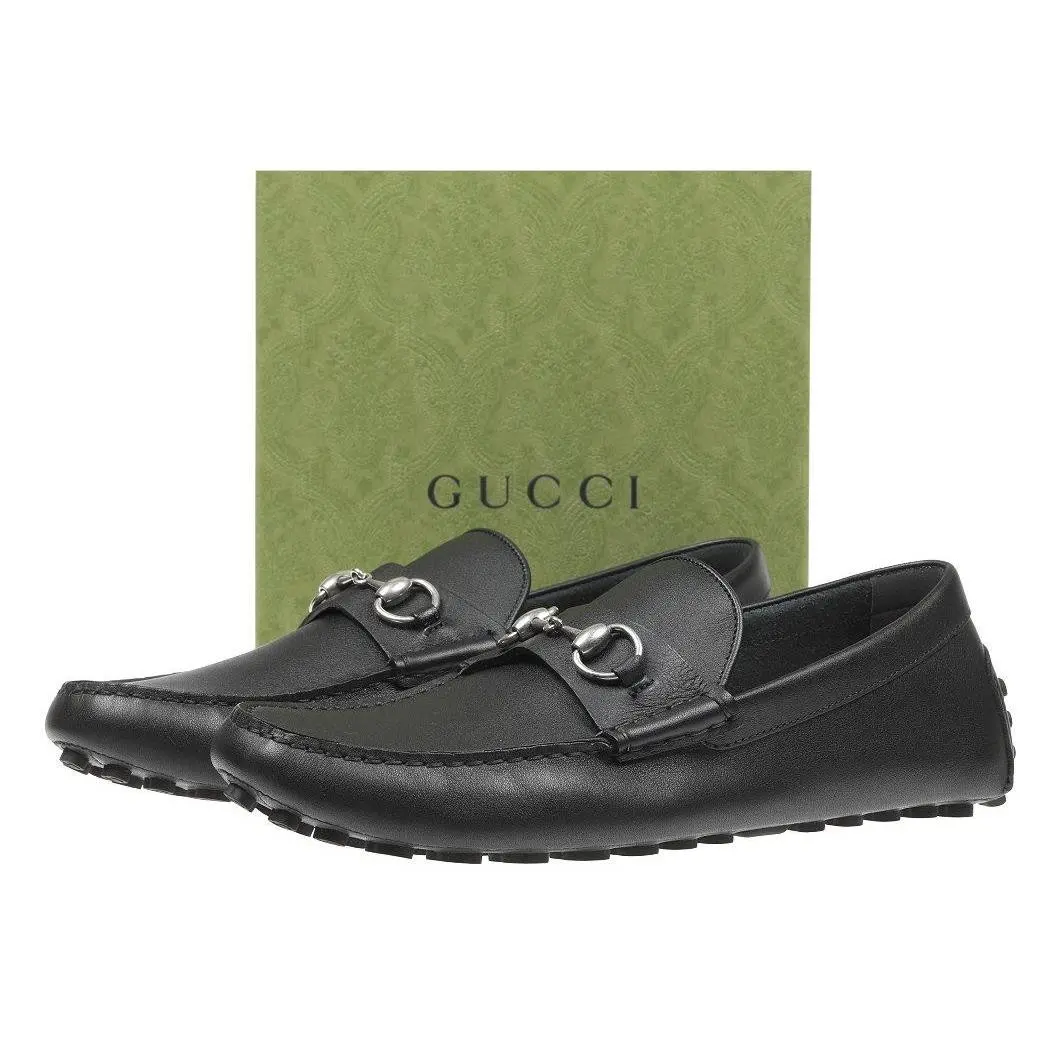 Gucci Luxury Black Leather Horsebit Driver Moccasins Shoes 9/US 9.5