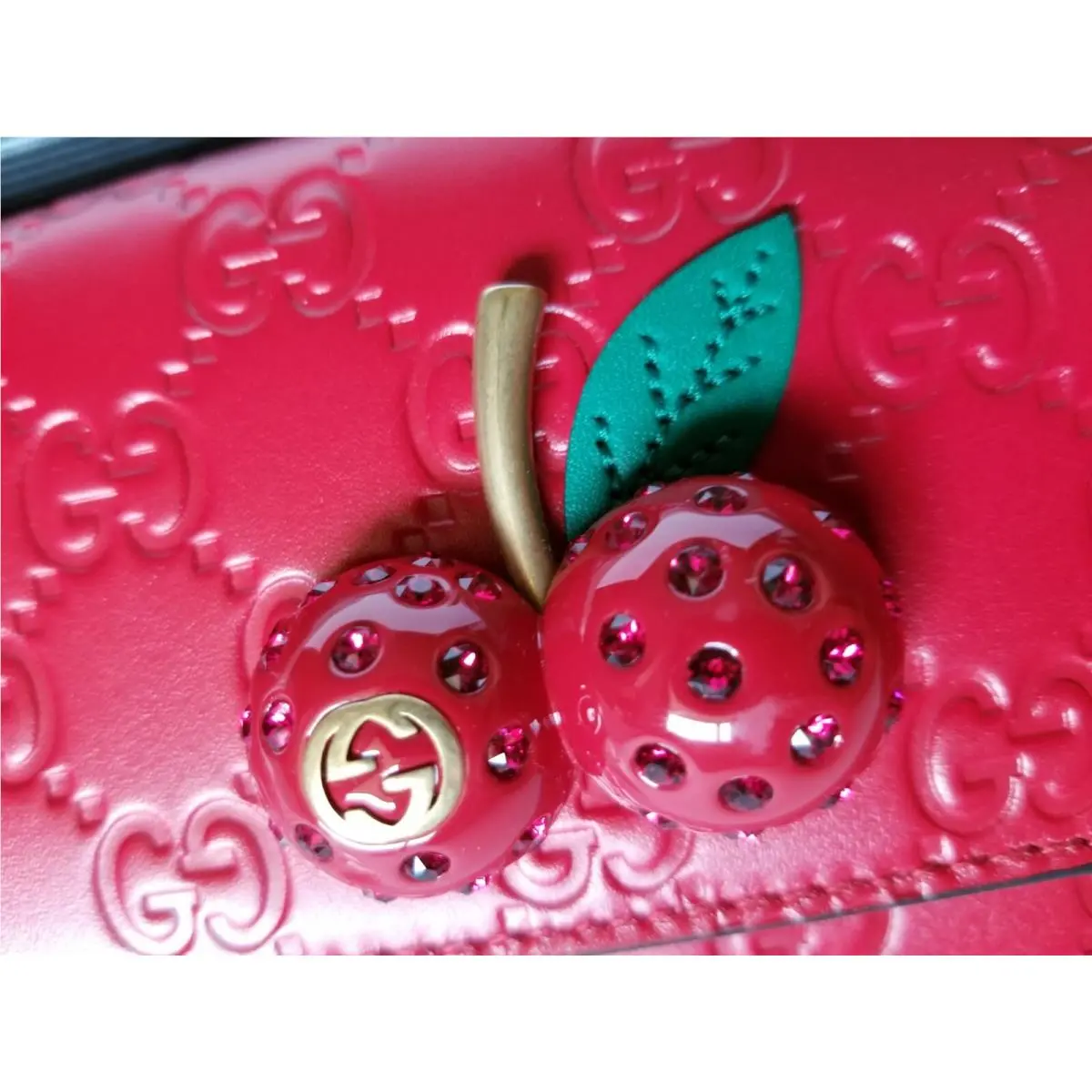 Gucci Leather GG Crystal Cherry Chain Wallet Shoulder Mini Bag W/box
