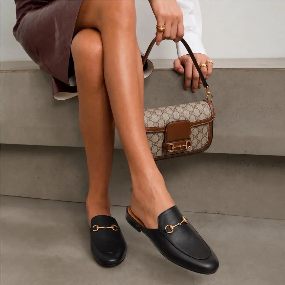 Gucci Princetown Horsebit Slipper Mules Black Leather Women Size 41.5