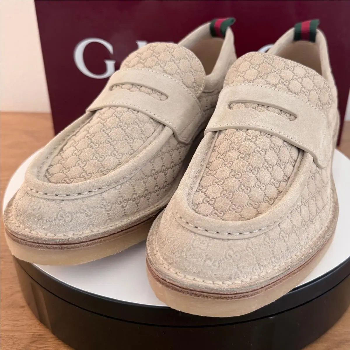 Gucci GG 831289 Moreau Moccasin Tan Suede Loafer Shoe Penny Strap UK 8 US 8.5