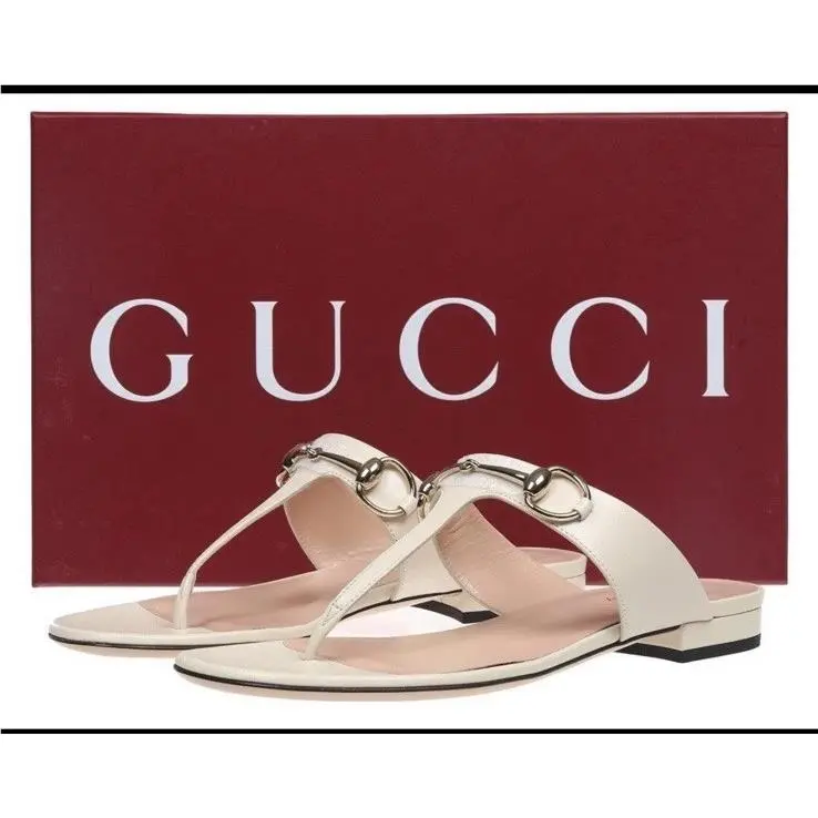 Luxury Leather Ivory Interlocking Thong Flat Sandals Shoes 39/US 9 by Gucci