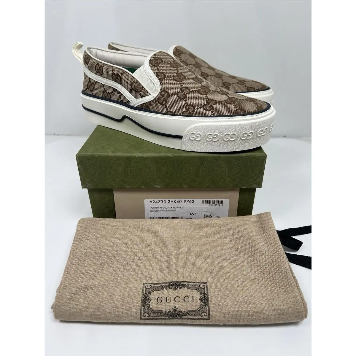 Gucci GG Canvas Slip On Platform Sneakers Beige Women’s EU 36+ 624733 Box Dust