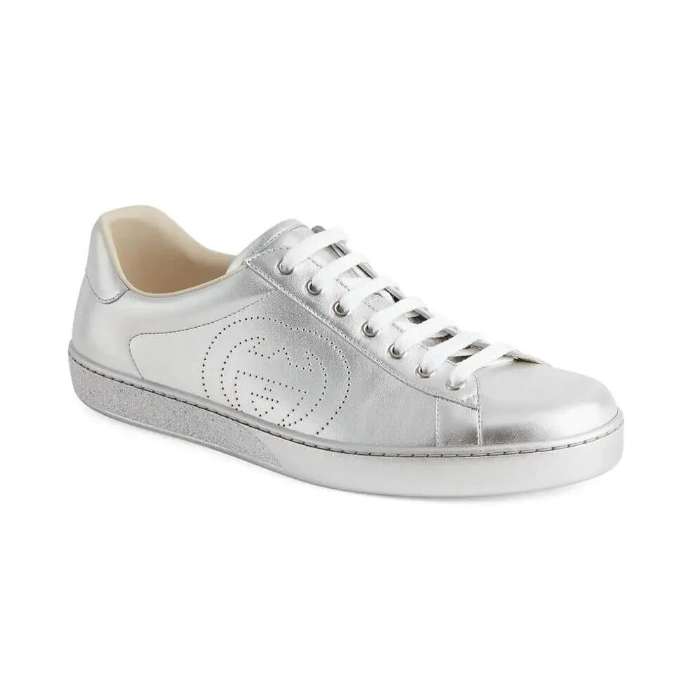 Gucci D33100 Mens Silver Ace Metallic Leather Sneakers Size 9 G