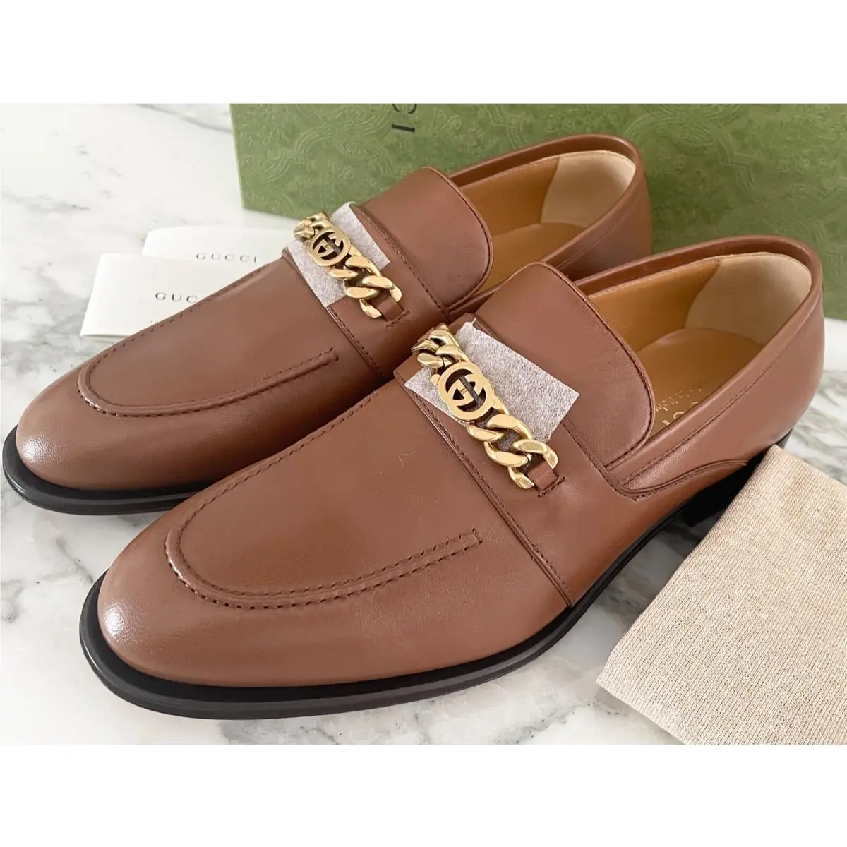 Gucci GG 746684 Logo Chain Brown Leather Loafers Shoes Sz. 8+