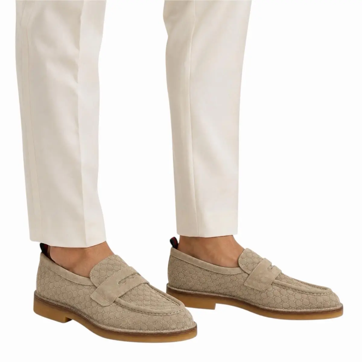 Gucci Luxury Suede GG Monogram Web Penny Loafer Oatmeal Men Size 12/ 12.5