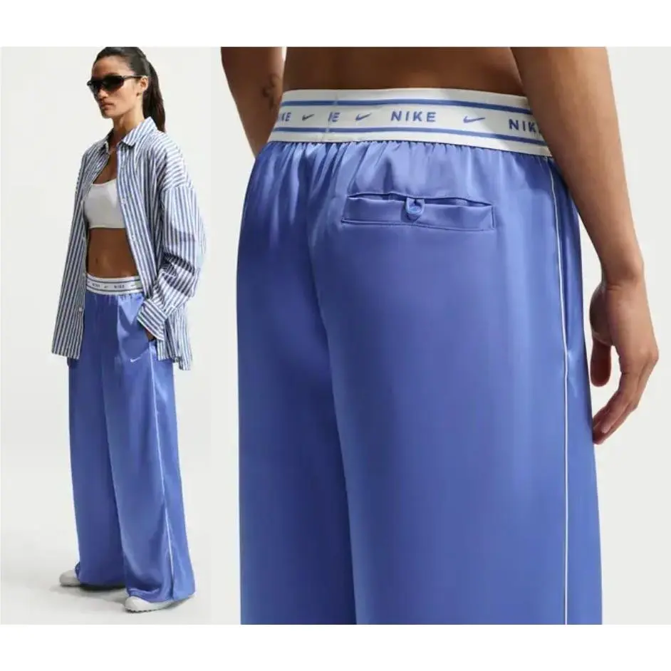 ⭐nike Sportswear Women`s Loose Mid-rise Satin Pants Blue White XL IH1326-460