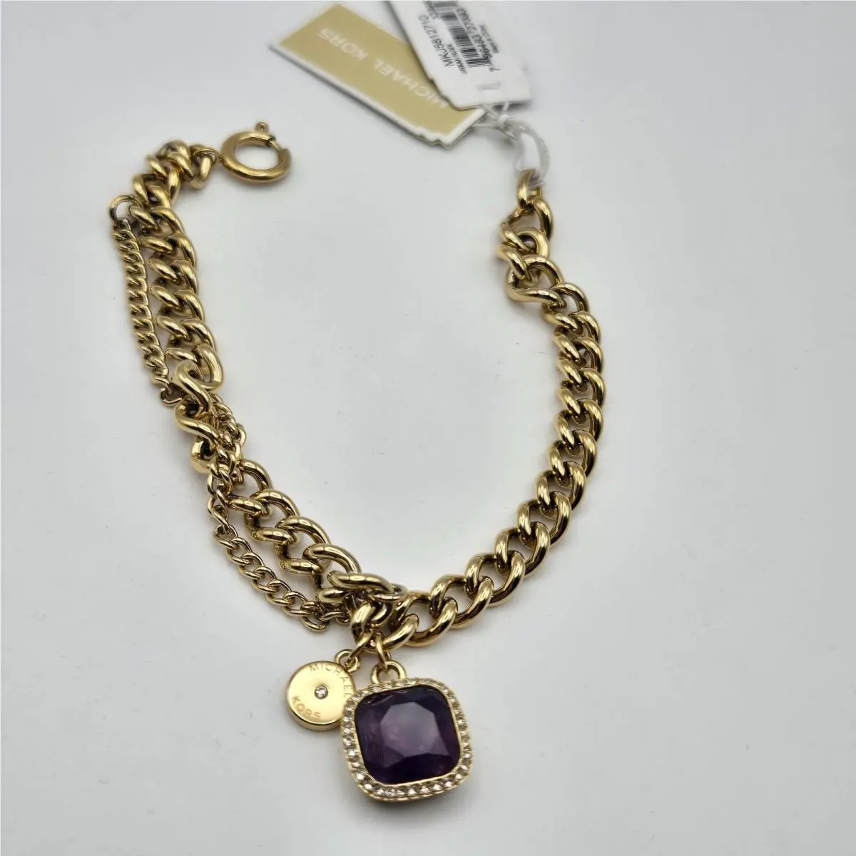 Michael Kors Gold-tone Double Chain Bracelet Purple Stone Charm