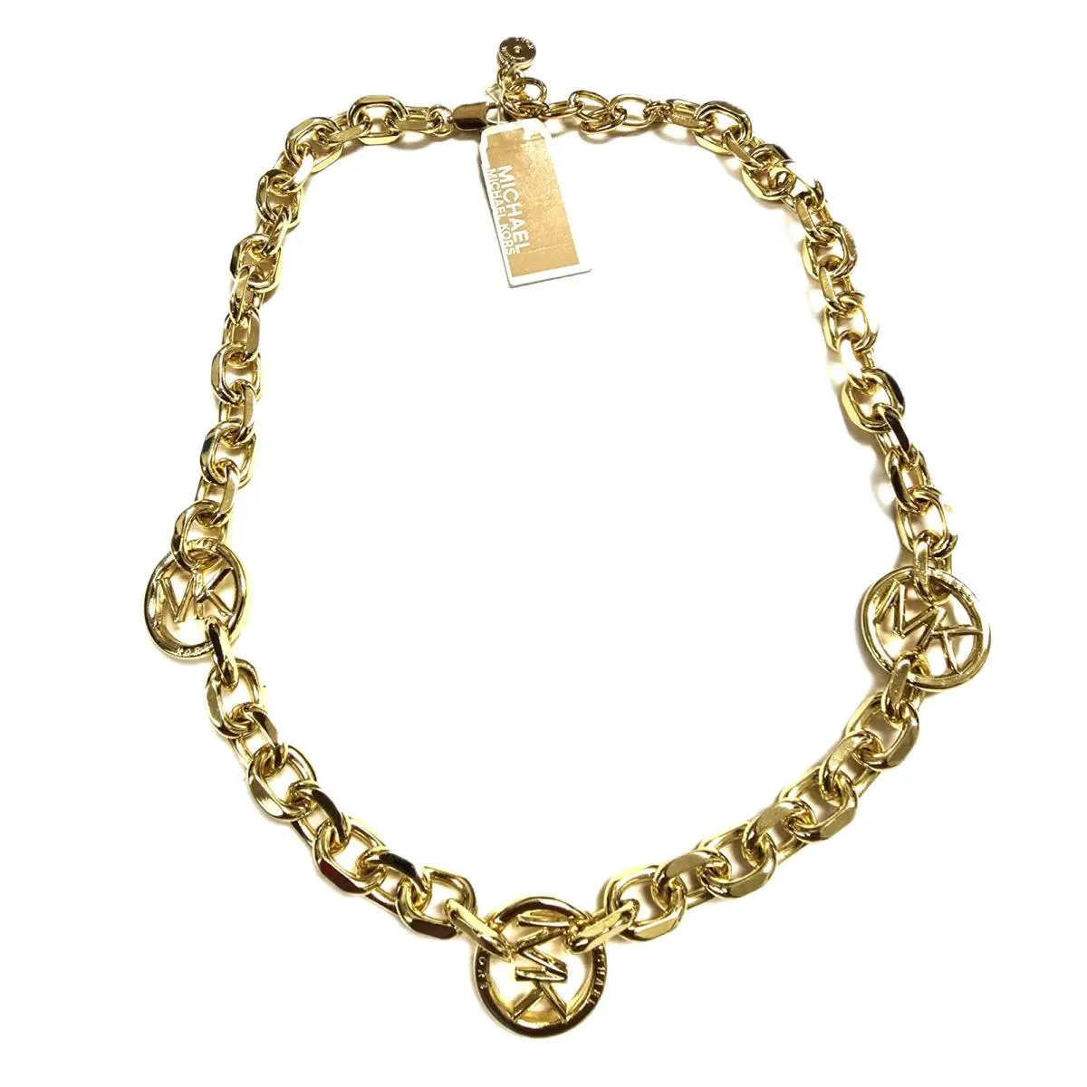 Michael Kors Gold Tone Rolo Chain Link Logo MK Pop Charm Necklace MKJ0018