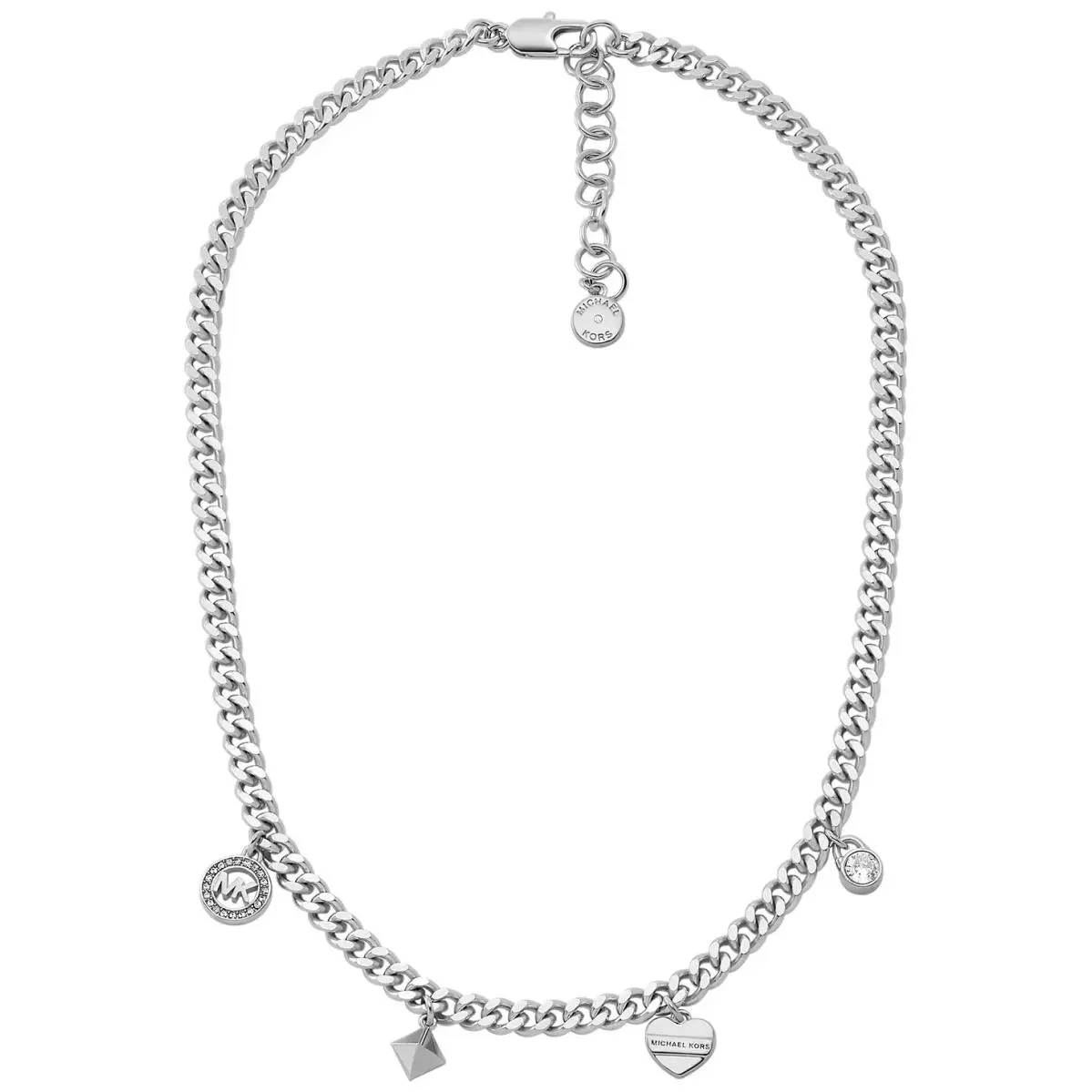 Michael Kors Silver Tone Crystal Heart Logo Pyramid Charm Curb Chain Necklace