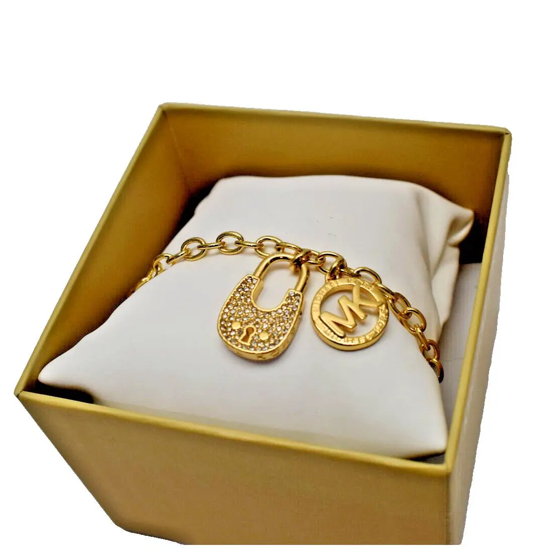 Michael Kors Pave Padlock Logo Chain Bracelet Goldtone Brass