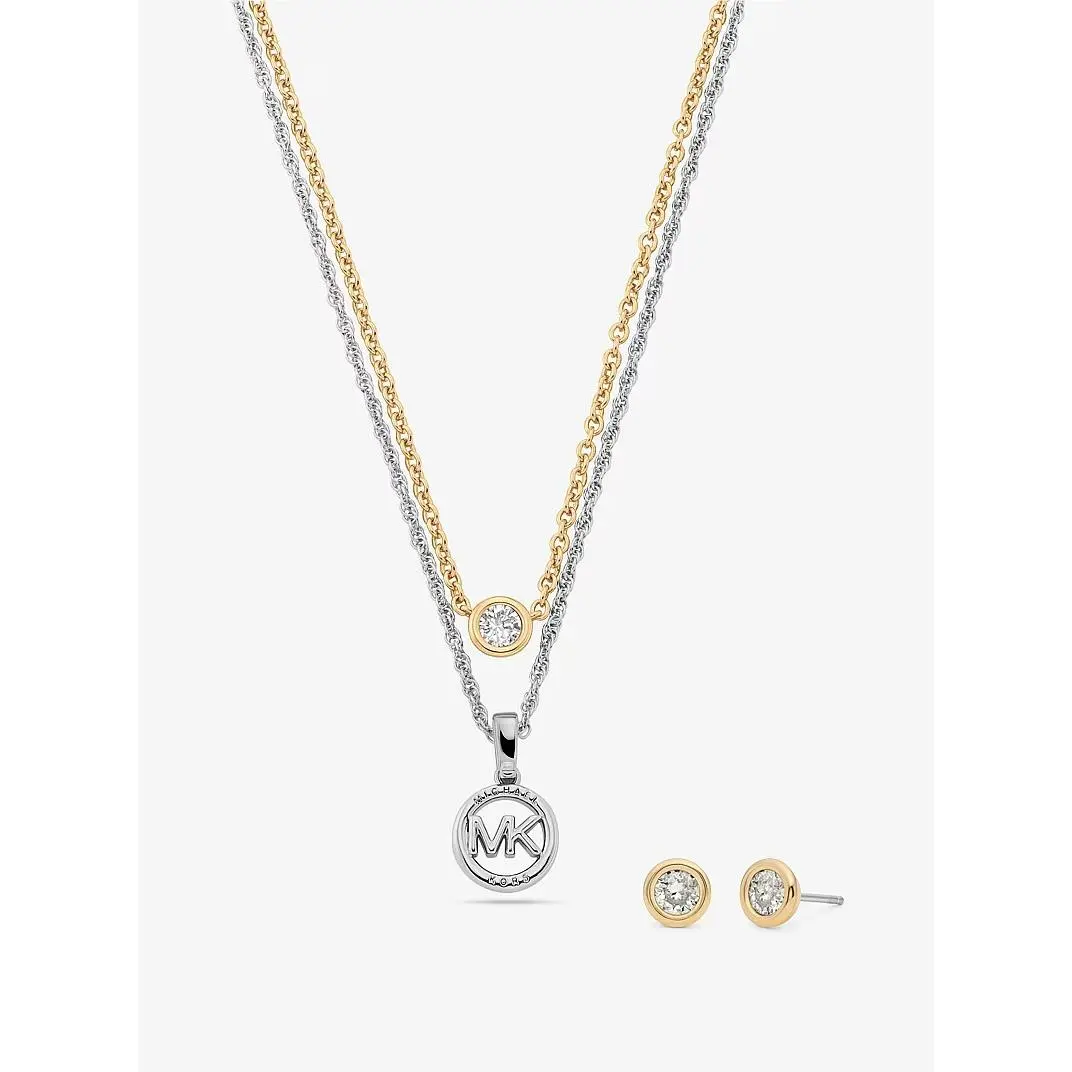 Michael Kors Set OF Double Layered 2 Tone Crystal MK Necklace +stud Earrings+box