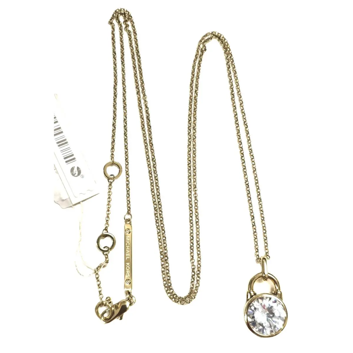 Michael Kors Gold Tone Pad Lock Charm Crystal Long Chain Necklace