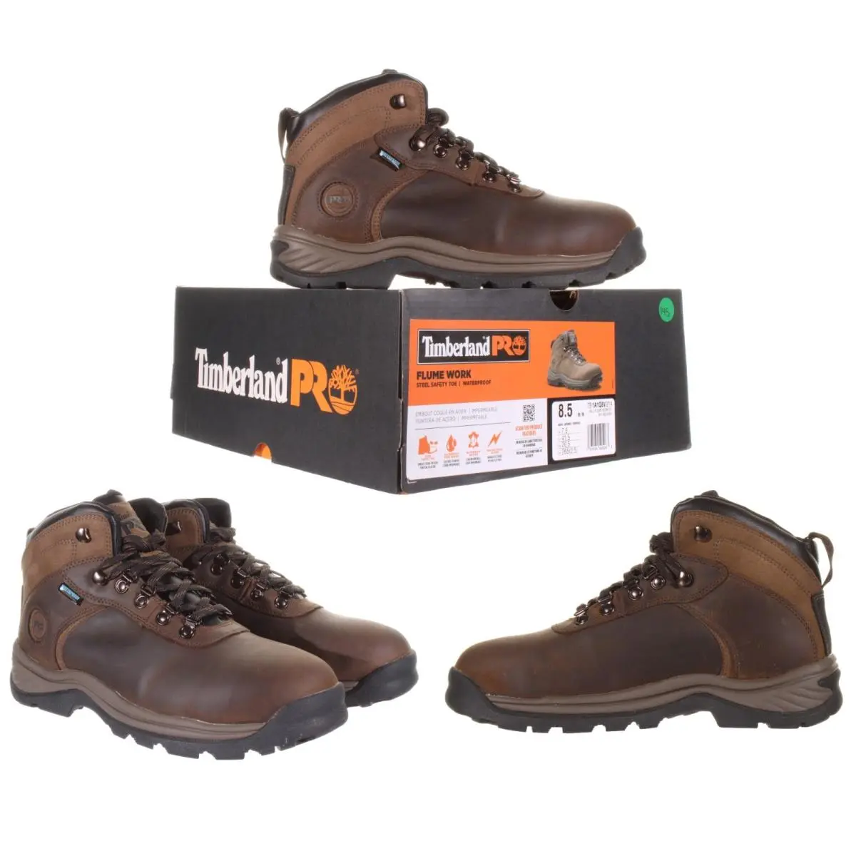 Timberland Pro® Men`s Flume Work Steel Toe Waterproof Brown Work Boots Size 8.5