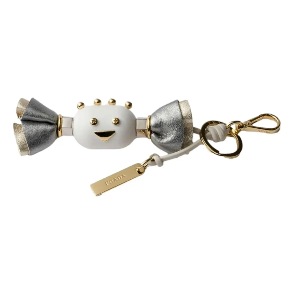 Prada Candy Robot Bag Charm White Silver Leather Keychain Gold Clip