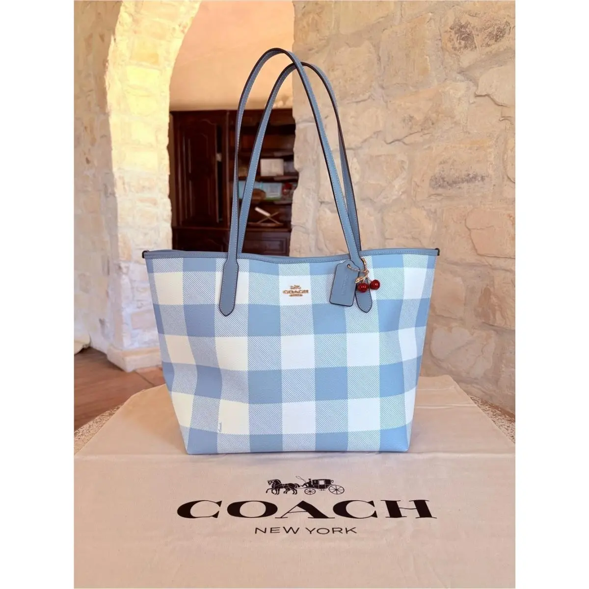 City Tote Bag Gingham Print and Charm / Long Zip Wallet Blue/multi Handbag by Coach