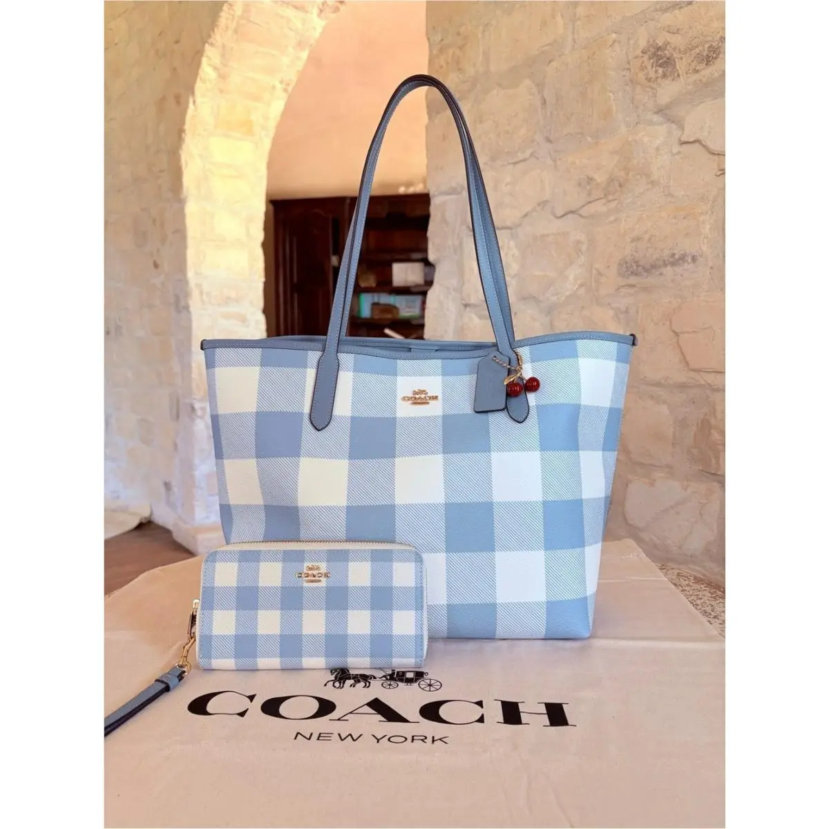 Coach City Tote Bag Gingham Print and Charm /long Zip Wallet Blue/multi