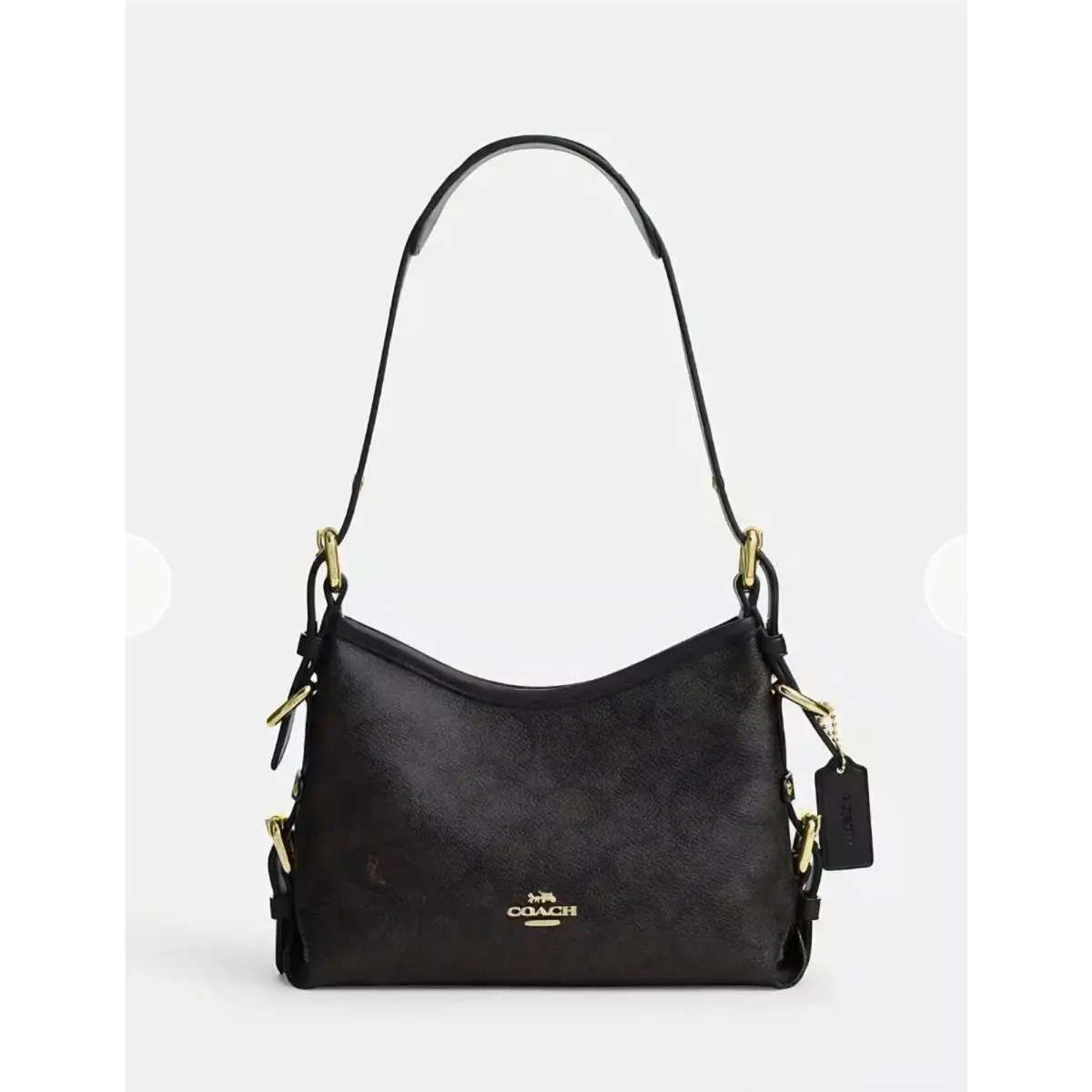 Coach Laurel Shoulder Bag 22 Walnut Black w/ Buckles Signature Canvas CFP26