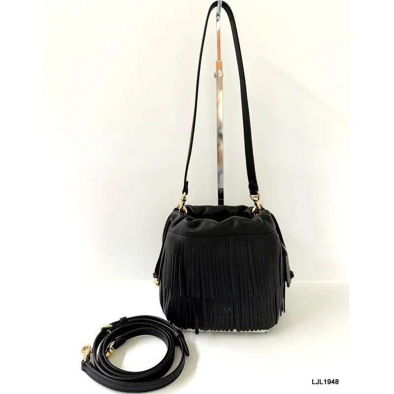 Coach Faye Mini Leather Drawstring Crossbody Bag with Fringe Black CFP27