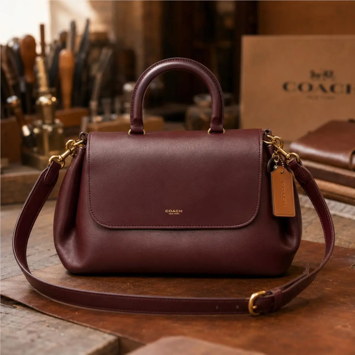 Coach CCC39 Slouchy Rogue Top Handle Bag 39 Natural Grain Leather Wine Red Outle