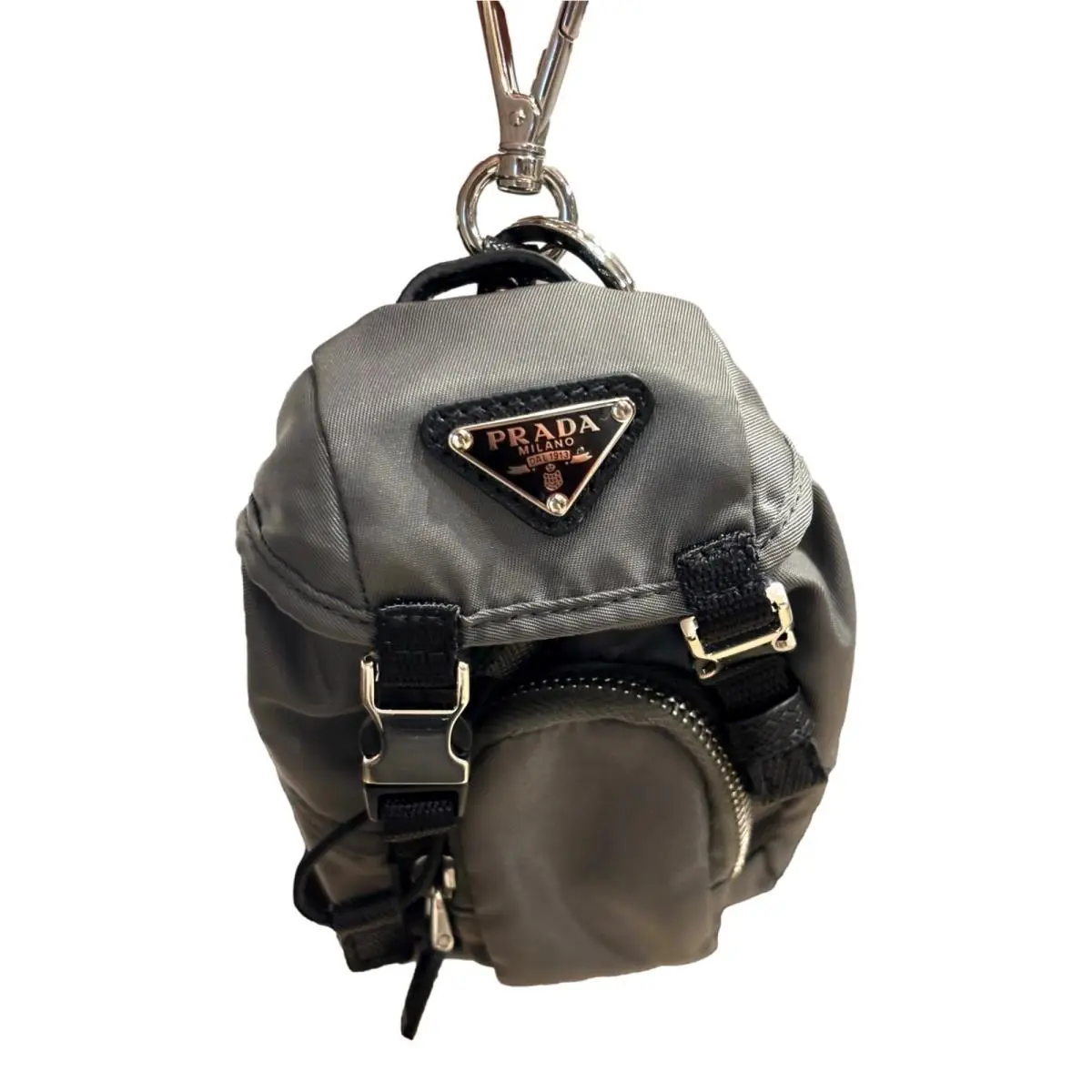 Prada Grey Nylon Mini Backpack Bag Charm Keychain Triangle Logo Black