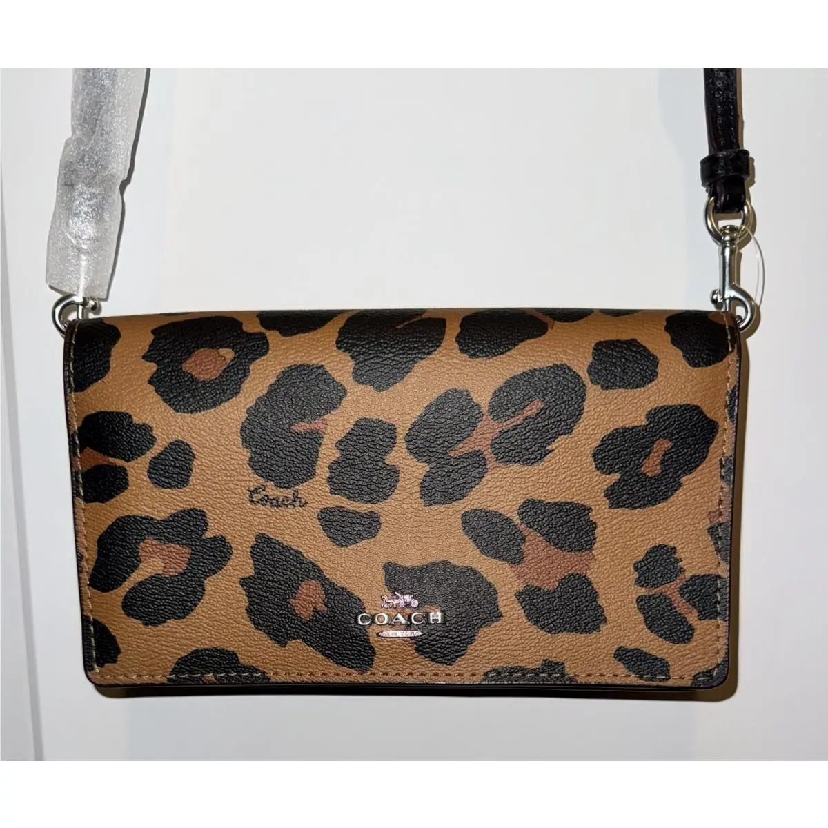 Coach CC867 Anna Brown/black Silver Leopard Print Foldover Clutch Crossbody