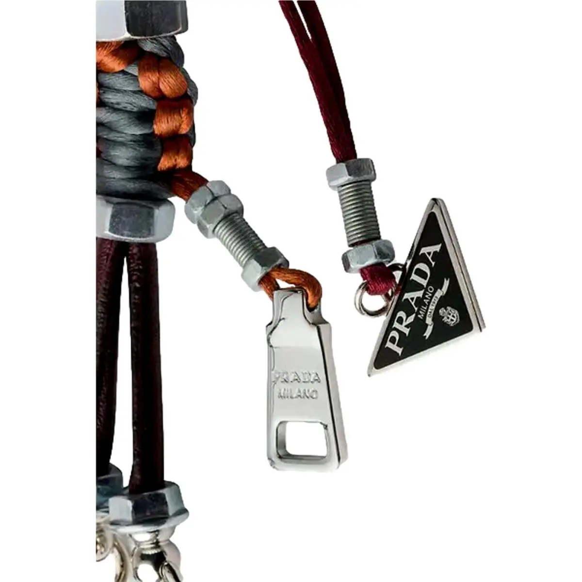 Prada Robot Bag Charm Keychain Silver Metal Leather Triangle Logo Clip