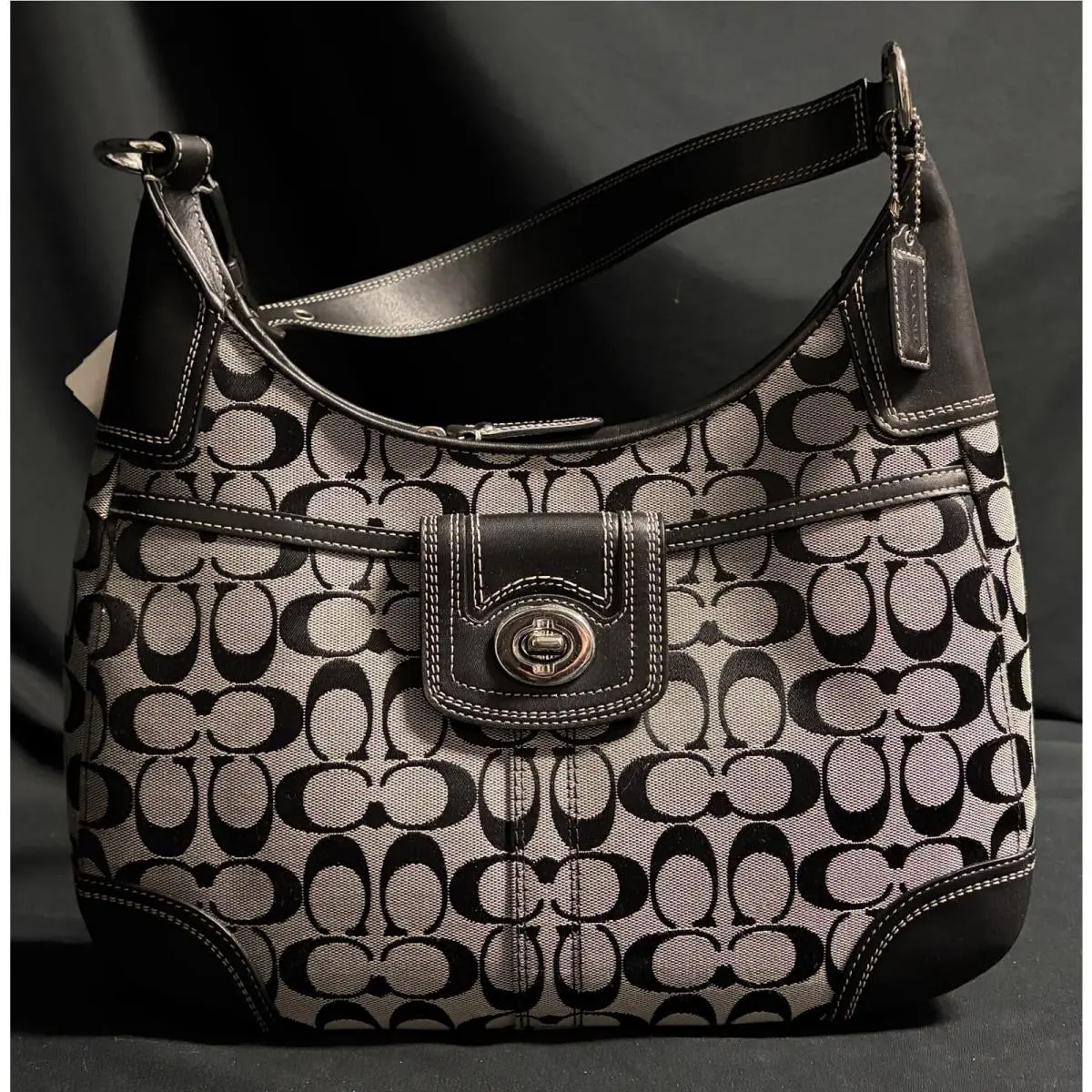 Vintage Coach Fabric Logo Black/white/silver Signature Hobo Bag F13971